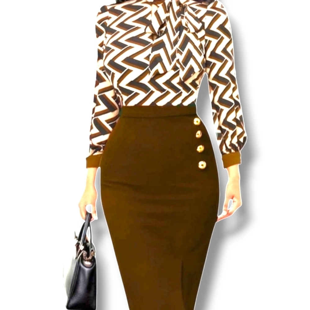 KNOLT - XX-L Classy Casual Striped Print Work Dress (A Brown) - Picture 4 of 10